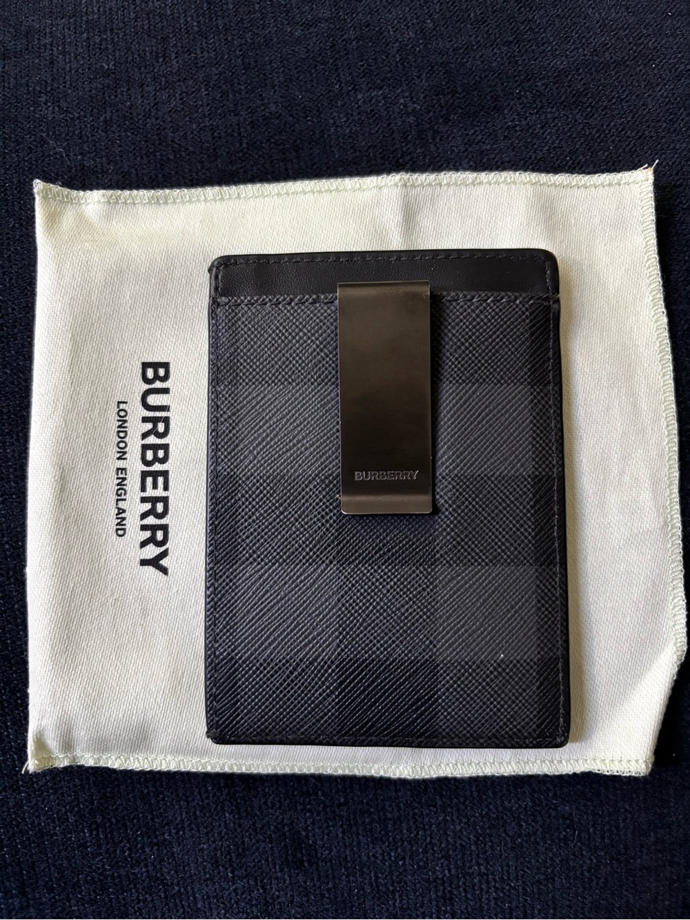 Burberry Black Check Money Clip Card Holder with Gunmetal Clip